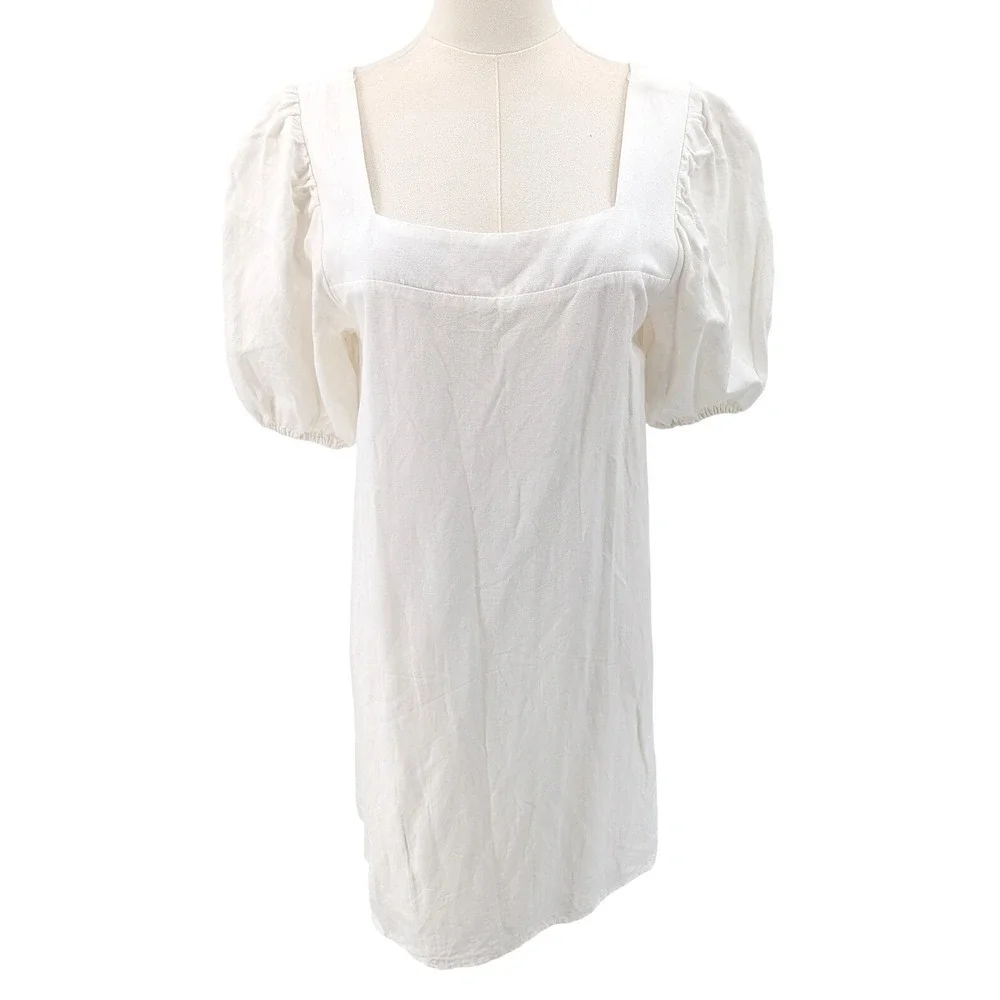 Crescent Linen Blend Dress Puff Sleeve Square Neck Cream Mini‎ L Summer Chic